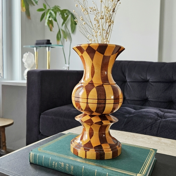 Vintage Segmented Multi Wood Mosaic Hand Turned Vase Two Tone Mid Century Modern - Picture 1 of 8